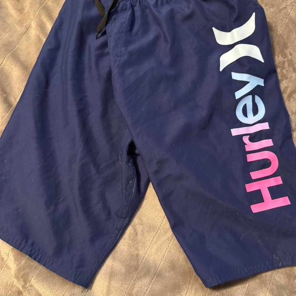 Hurley Boys Navy Blue Board‎ Shorts Pink Gradient Logo Swim Trunks XL